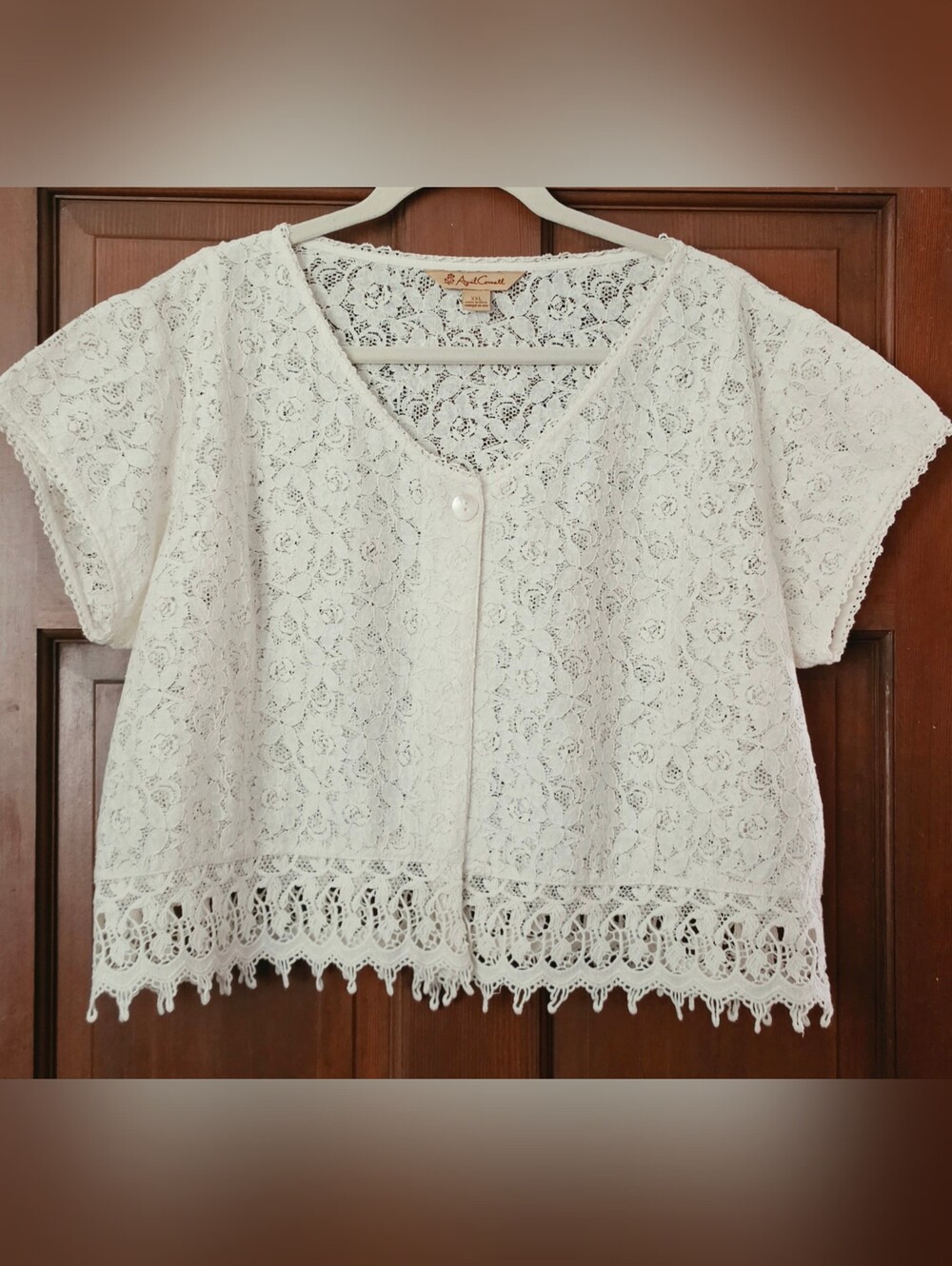 April Cornell cropped top blouse off white floral lace XXL 2XL W1 short sleeves